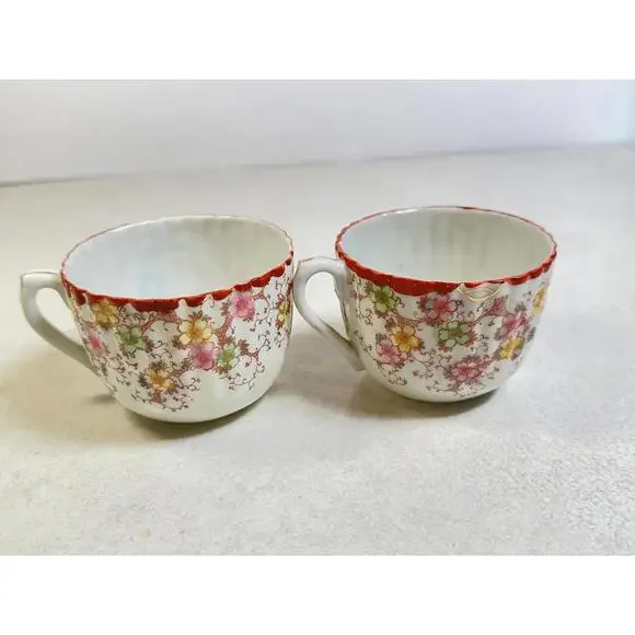 VTG Japanese Hand Painted Geisha Tea Cups & Saucers Pair Red Trim Moriage Style - Picture 6 of 7